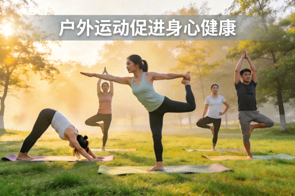 人们在清晨的公园草地上练习瑜伽 - 户外运动促进身心健康