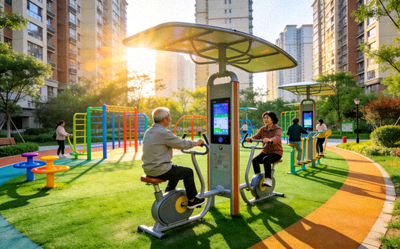 某市社区智慧健身公园全景 - 居民使用智能健身器材锻炼