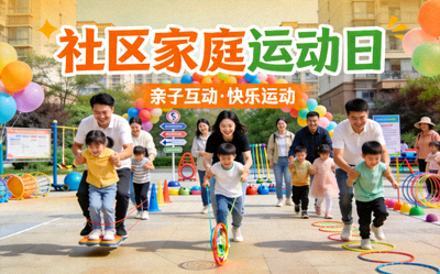社区家庭运动日活动现场 - 亲子家庭参与趣味运动项目