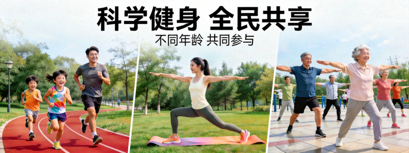 不同年龄人群享受科学健身乐趣的场景 - 户外跑步、瑜伽、团体训练等