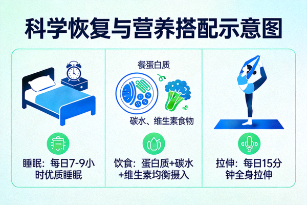 科学恢复与营养搭配示意图 - 展示睡眠、饮食、拉伸等恢复要素