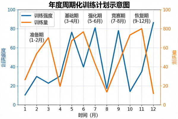 年度周期化训练计划示意图 - 展示训练强度与训练量随时间变化的曲线