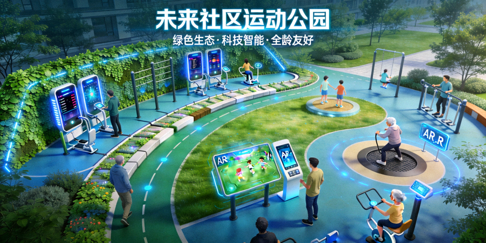 未来社区健身场景概念图 - 绿色生态、科技智能、全龄友好的社区运动公园