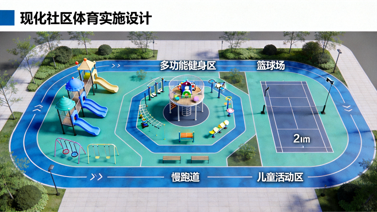 现代化社区体育设施设计规划图 - 包含多功能健身区、篮球场、慢跑道和儿童活动区