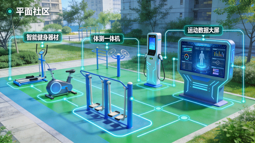 智慧社区健身设施示意图 - 智能健身器材、体测一体机、运动数据大屏