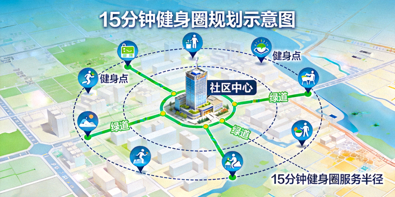 15分钟健身圈规划示意图 - 显示社区中心、健身点、绿道与服务半径