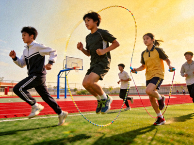 青少年在学校操场进行跑步、跳绳等体育锻炼