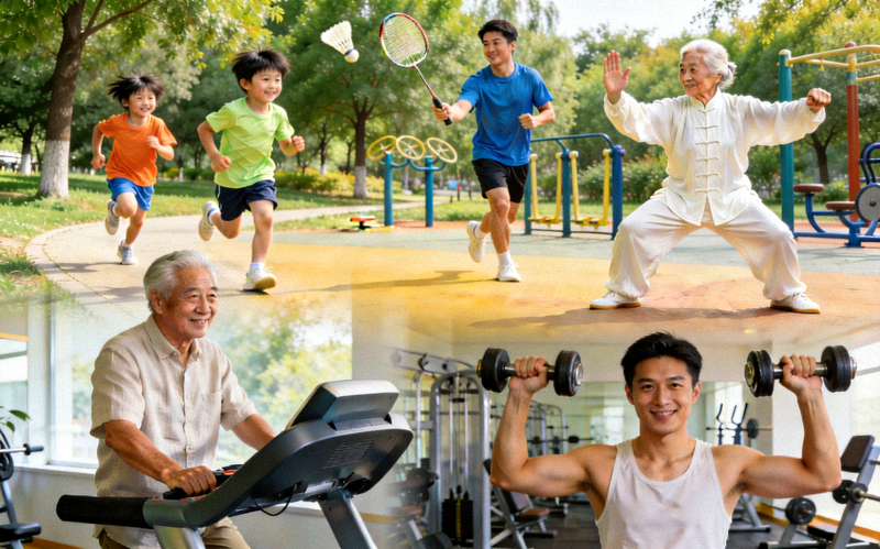 全民健身热潮场景 - 不同年龄人群在公园、健身房进行体育锻炼的合成图片