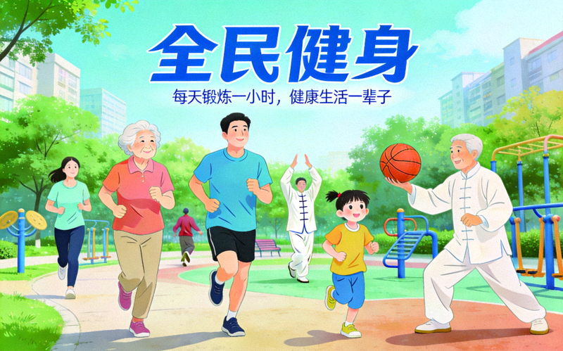 全民健身主题横幅 - 不同年龄人群在公园、社区进行跑步、太极、篮球等多样化体育锻炼的欢乐场景