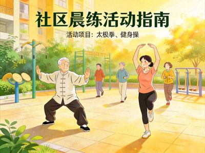 社区晨练活动指南 - 居民在社区广场进行太极拳、健身操等晨练活动