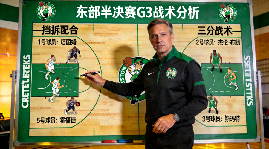 NBA季后赛东部半决赛凯尔特人队战术板分析图，教练正在布置战术