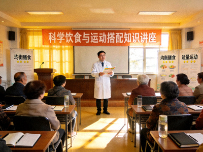 健康讲座现场，营养师为居民讲解科学饮食与运动搭配知识