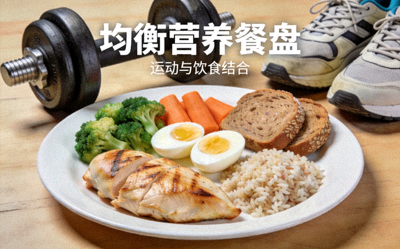均衡营养餐盘展示，包含蛋白质、蔬菜和全谷物，体现运动与饮食结合