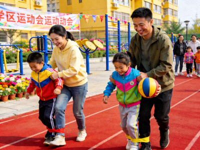 亲子家庭在社区广场参加趣味运动会，孩子与家长协作完成游戏
