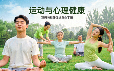 人们在户外绿地中进行冥想和拉伸运动，强调运动对心理健康的积极影响