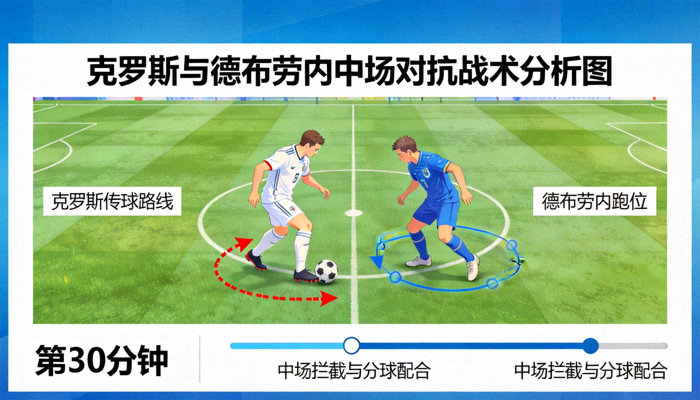 克罗斯与德布劳内中场对抗战术分析图 - 传球路线与跑位示意